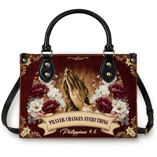 Personalized tote bag featuring praying hands, floral print, and Prayer Changes Everything Philippians 4 6 scripture.