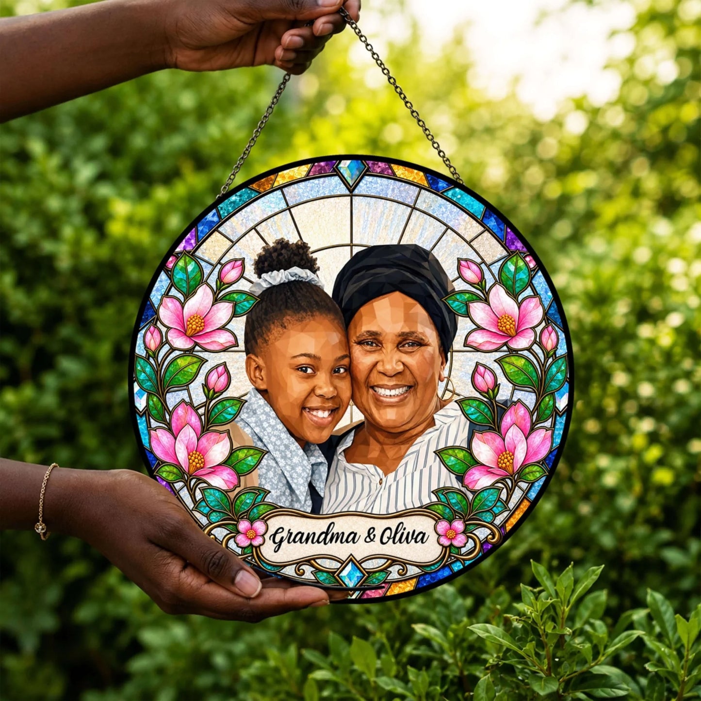 Grandma and Oliva floral stained glass acrylic suncatcher with a personalized photo, perfect for keepsake gifting.