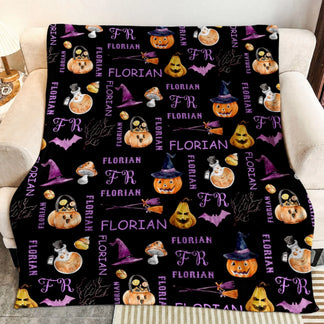Personalized black throw blanket for Halloween featuring a custom Florian name pattern with pumpkins, potions, and bats.