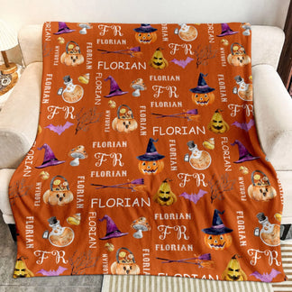 Personalized orange throw blanket for Halloween featuring a custom Florian name pattern with pumpkins, potions, and bats.
