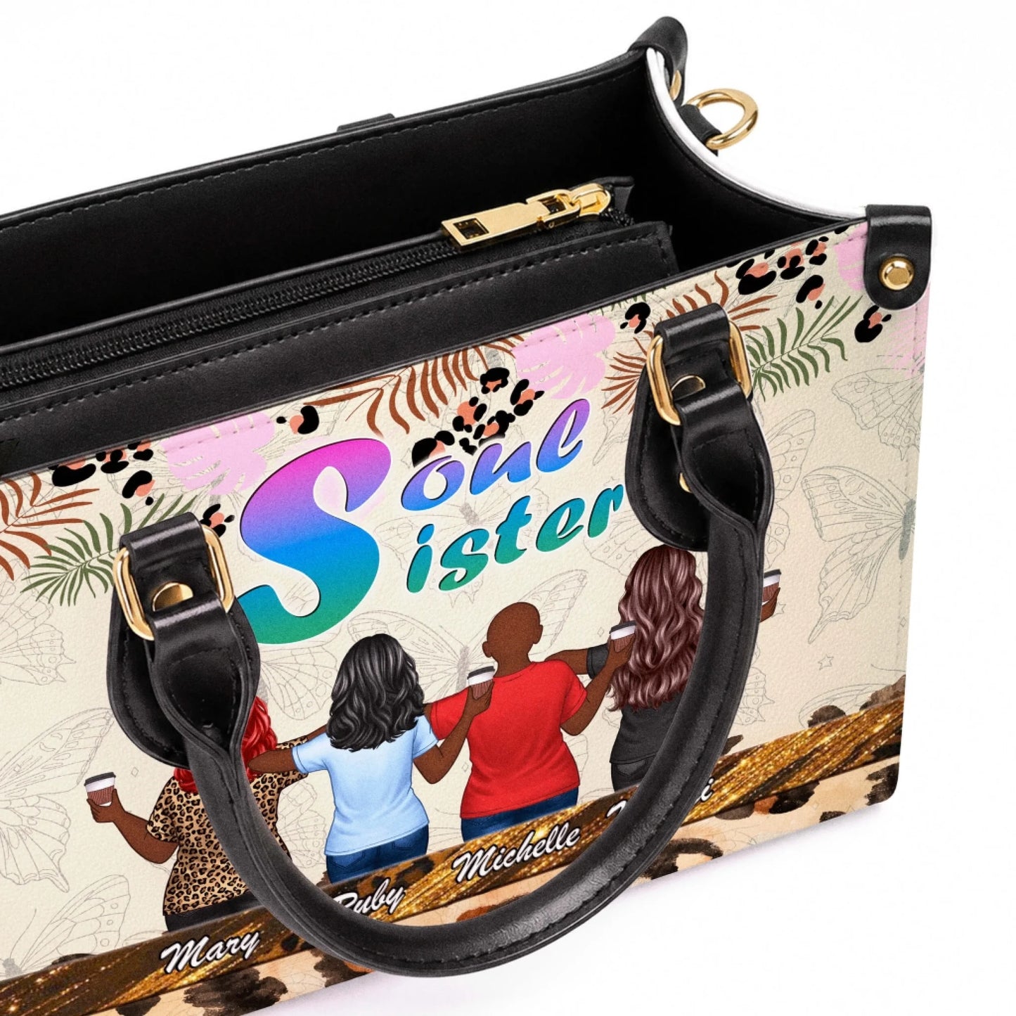 Close up of a personalized tote bag featuring four best friends with their names and a vibrant Soul Sister graphic.