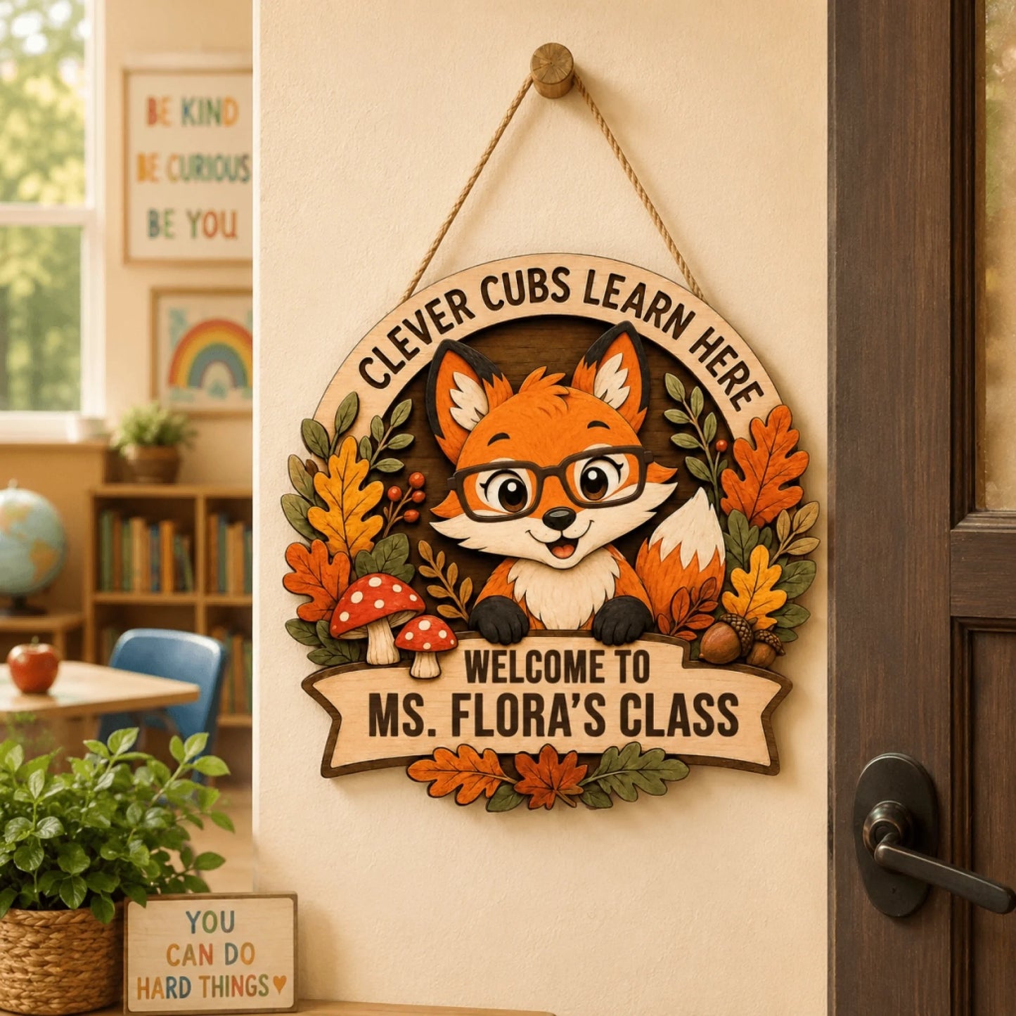 A wooden classroom sign for Ms. Flora featuring a cute fox wearing glasses with fall foliage for teacher appreciation.
