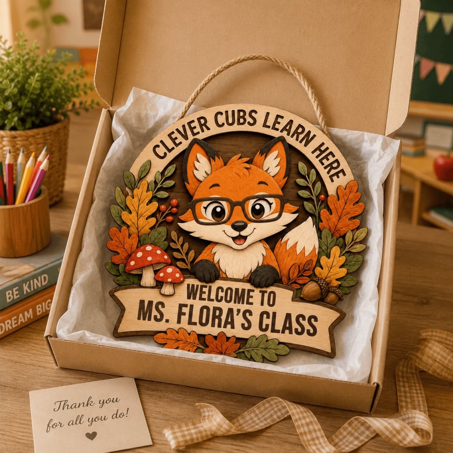 A personalized wooden fox sign for a teacher's classroom, thoughtfully packaged as a gift for educator appreciation.