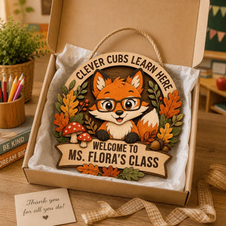 A personalized wooden fox sign for a teacher's classroom, thoughtfully packaged as a gift for educator appreciation.