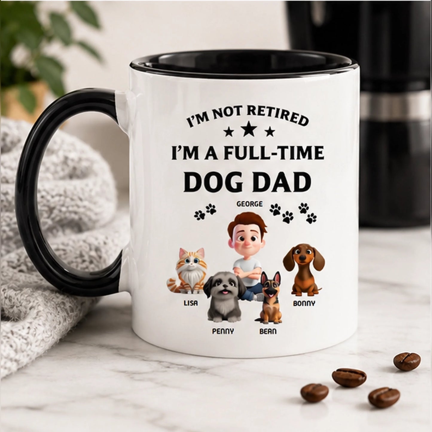 White and black ceramic mug featuring a custom illustration of a dog dad with four pets for a pet owner gift.