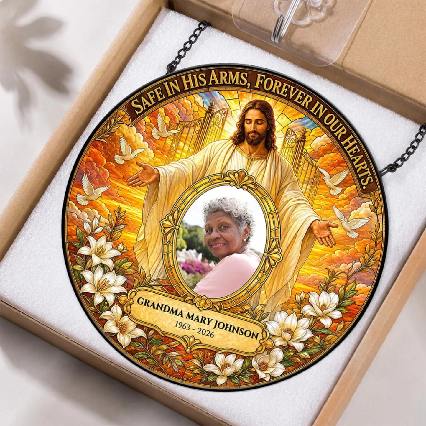 Round acrylic suncatcher memorial gift featuring a custom photo of grandma with a religious heaven scene and quote.