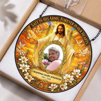 Round acrylic suncatcher memorial gift featuring a custom photo of grandma with a religious heaven scene and quote.