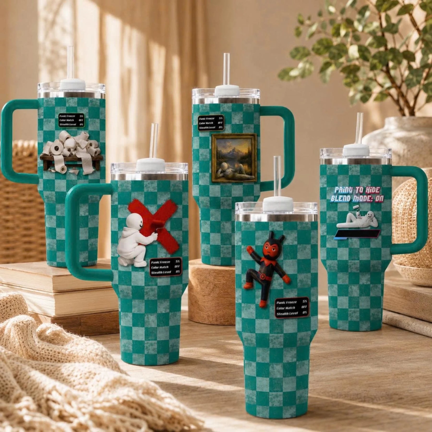 Custom 40oz stainless steel tumbler featuring funny gaming characters and stats on a teal checkered background
