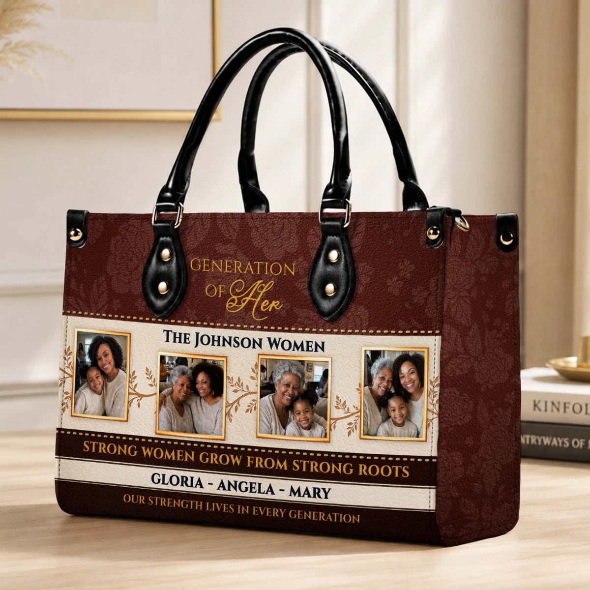 Elegant personalized Generation of Her leather handbag with custom family photo prints, ideal as a sentimental gift.