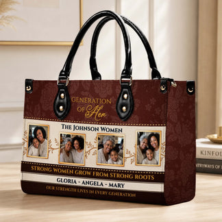 Elegant personalized Generation of Her leather handbag with custom family photo prints, ideal as a sentimental gift.