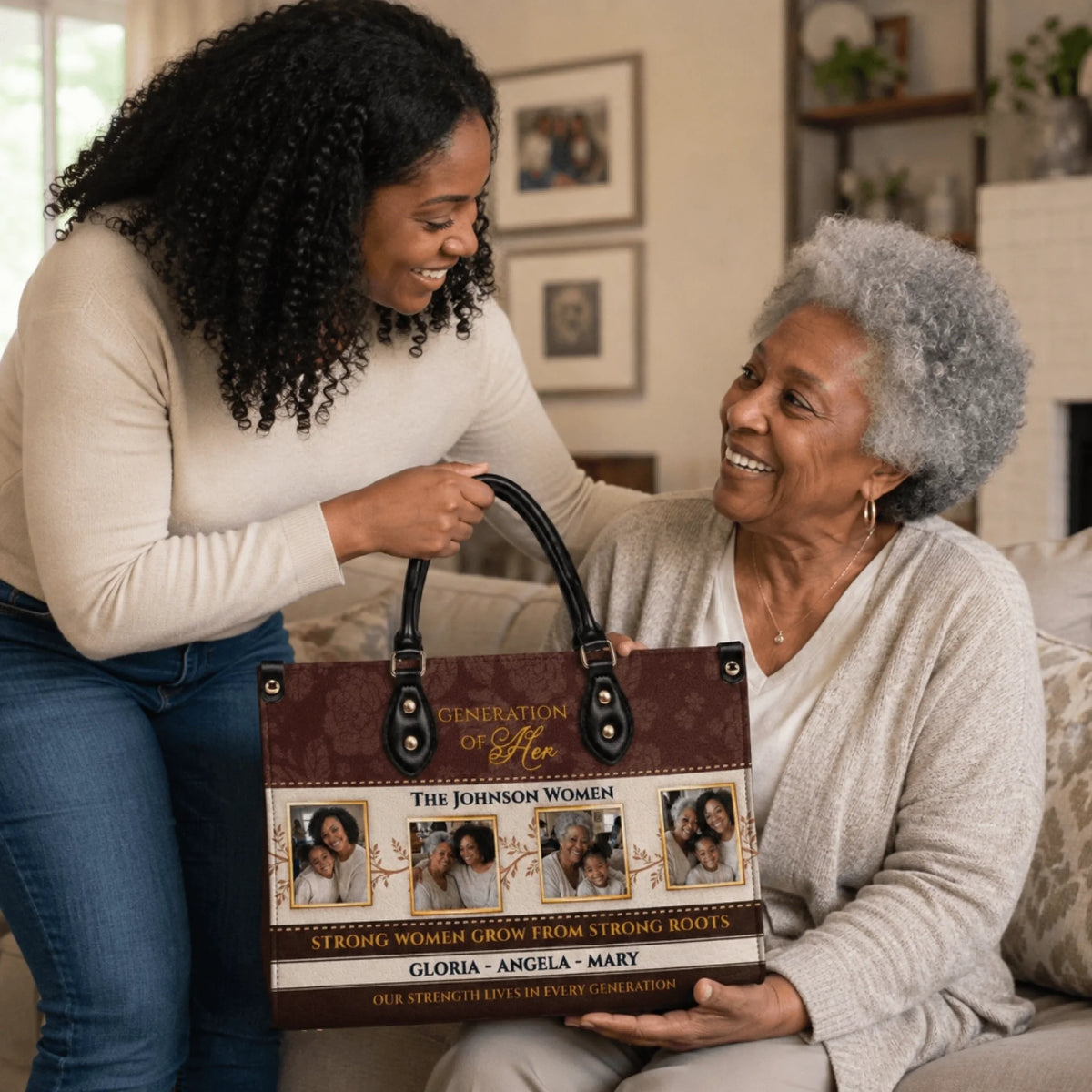 Sentimental personalized handbag with family photos and Generation of Her quote, an ideal custom gift for grandmothers.
