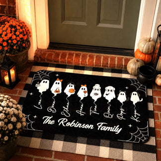 Custom ghost family halloween doormat featuring names and cute ghosts, perfect for personalized spooky home decor.