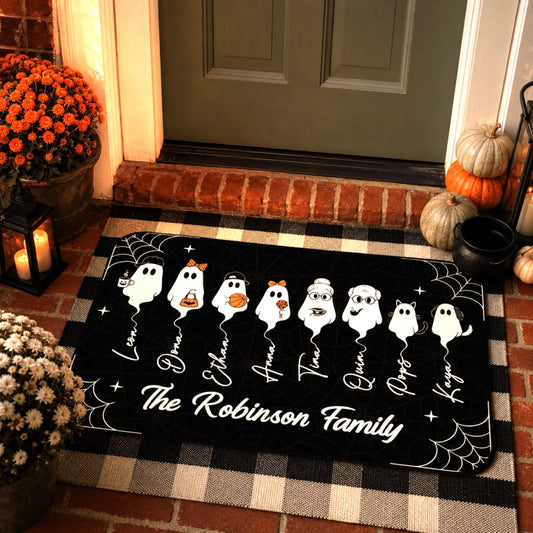 Custom ghost family halloween doormat featuring names and cute ghosts, perfect for personalized spooky home decor.
