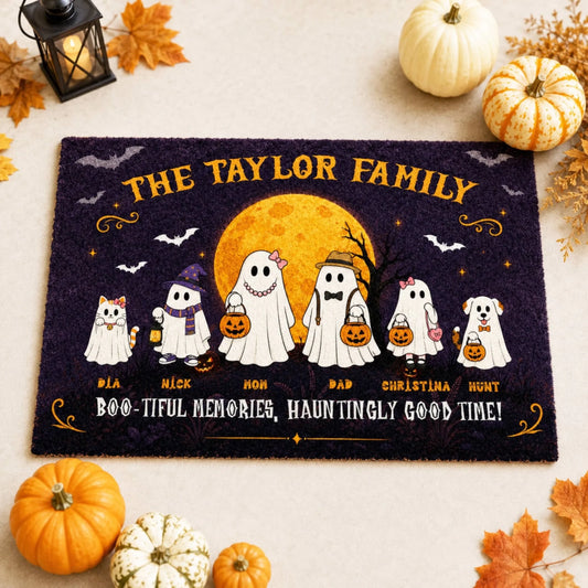 Custom ghost family halloween doormat featuring cat and dog pets, names, and spooky moon design for seasonal home decor.