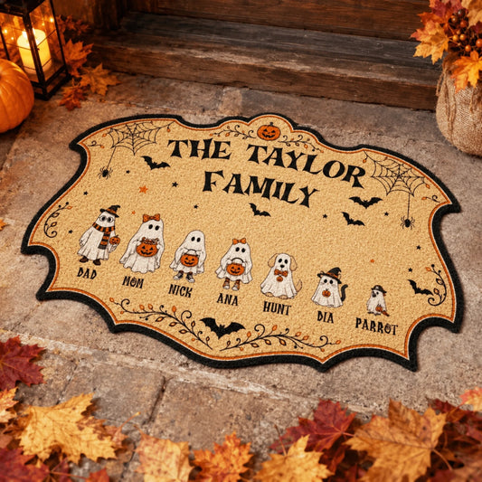 Custom Halloween doormat featuring The Taylor Family with cute ghost characters for each family member and their pets.