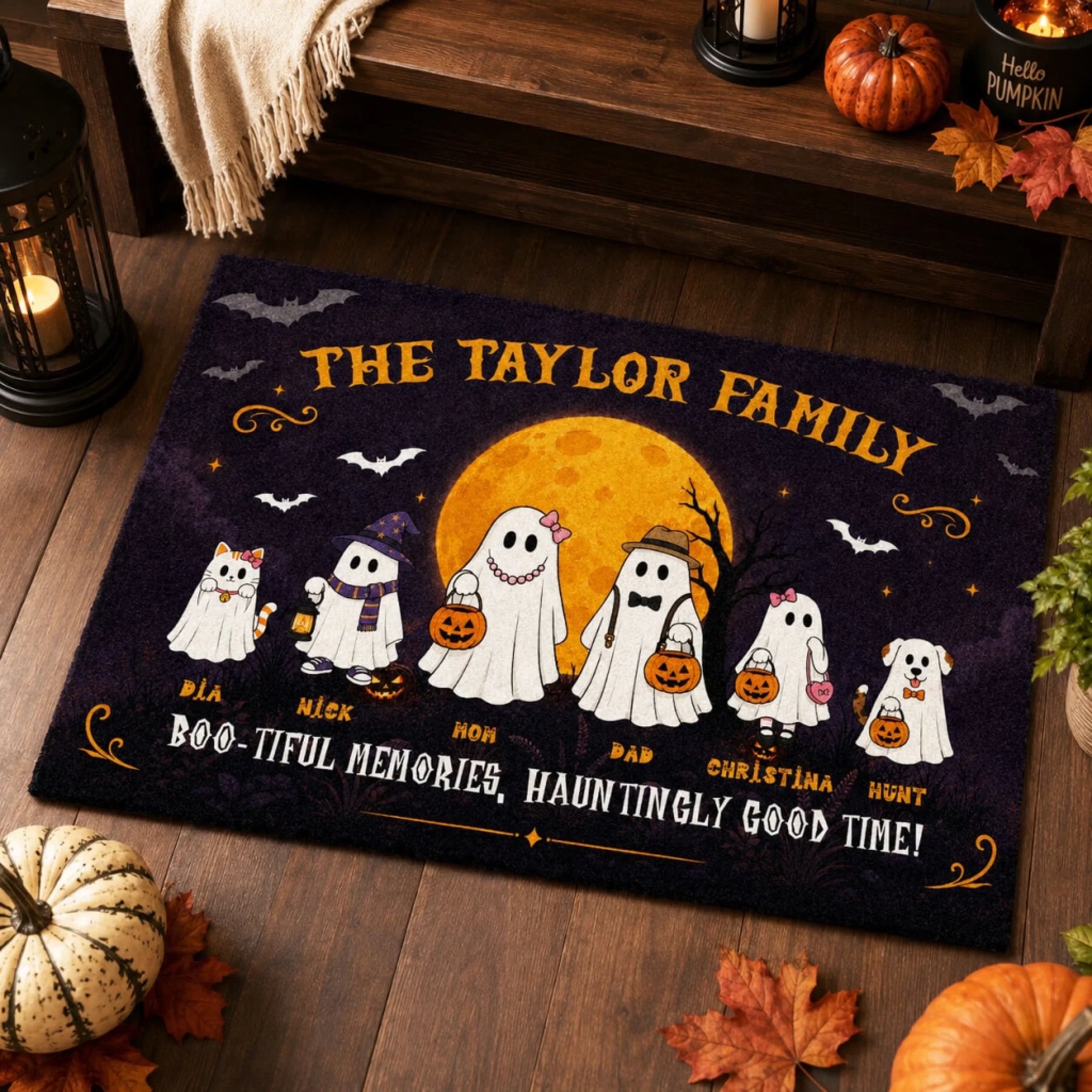 Custom halloween themed floor mat featuring ghost family and pets for a personalized seasonal housewarming gift idea.