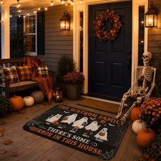 Personalized indoor outdoor halloween welcome mat featuring ghost family members and pets for festive home decoration.