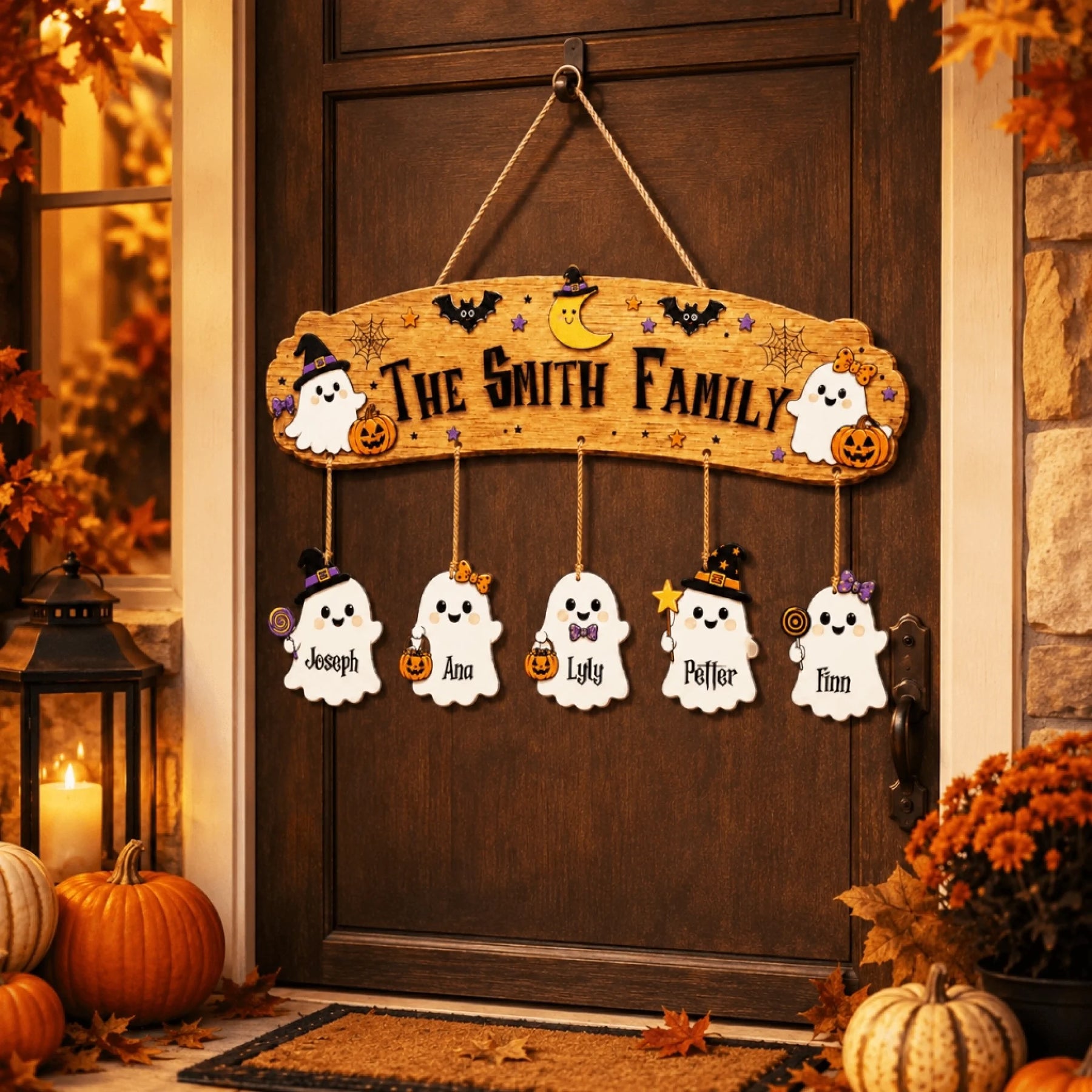 Personalized wooden Halloween wall decor for front doors featuring cute ghost family characters with custom name ornaments.