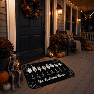 Personalized ghost family halloween doormat on a front porch, featuring custom names for a fun spooky home gift.