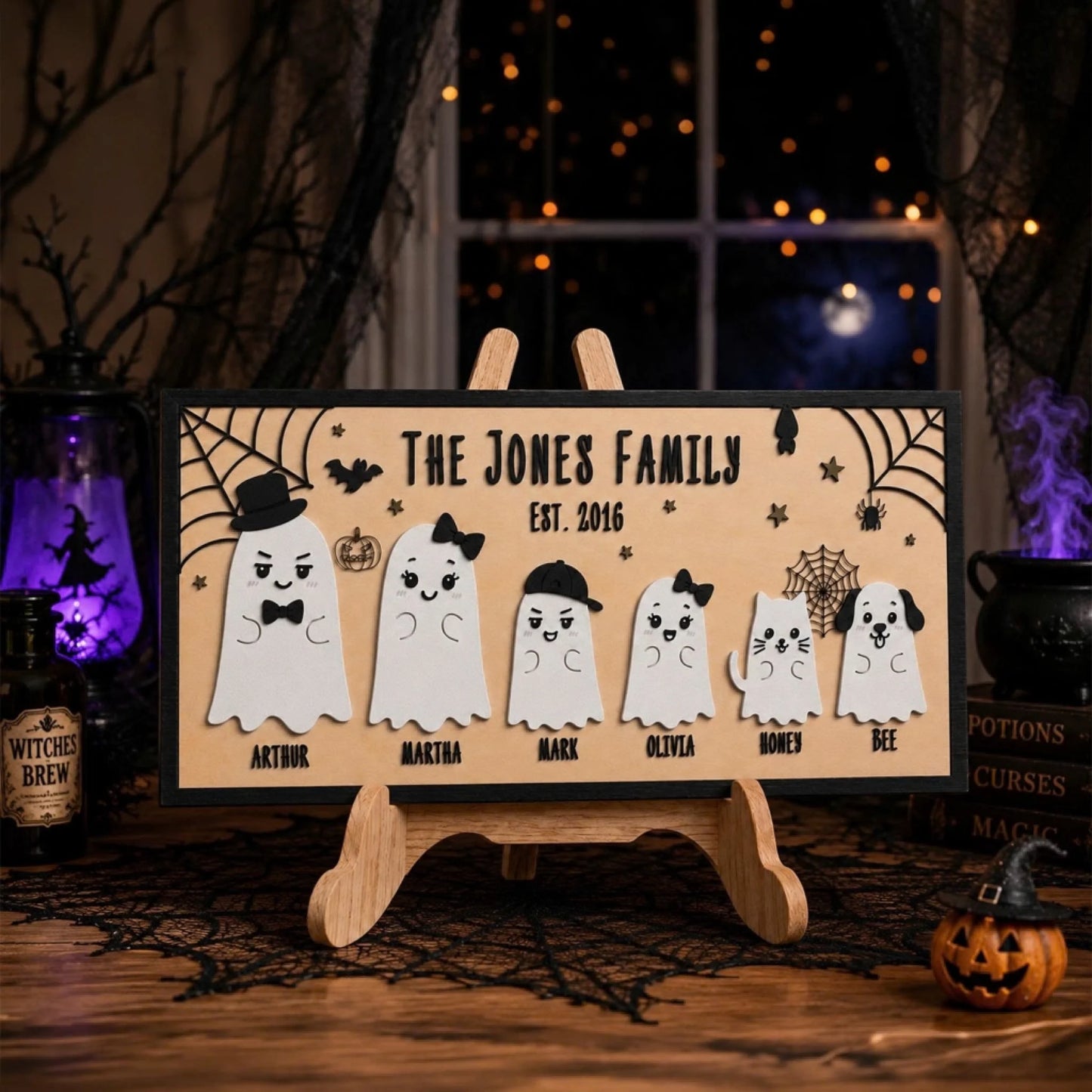 Custom ghost family wooden sign with names and est 2016 for a spooky and personalized Halloween home decor gift.
