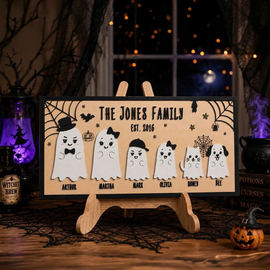 Custom ghost family wooden sign with names and est 2016 for a spooky and personalized Halloween home decor gift.