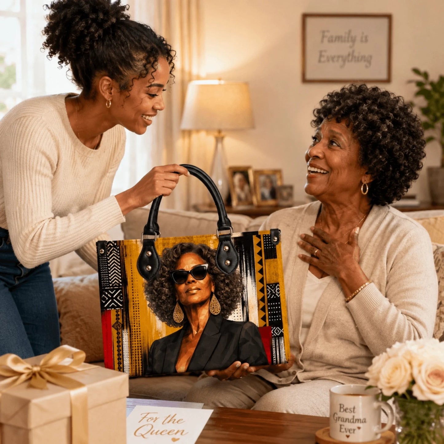A heartwarming birthday gift showing a granddaughter presenting a custom handbag to her smiling grandmother.