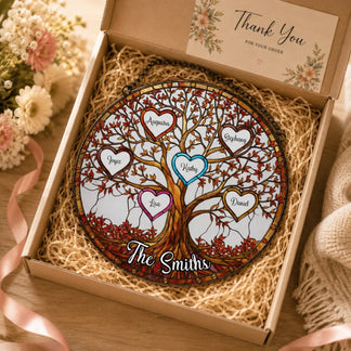 Beautifully packaged glass family tree suncatcher with customized heart pendants, perfect for thoughtful gifting.
