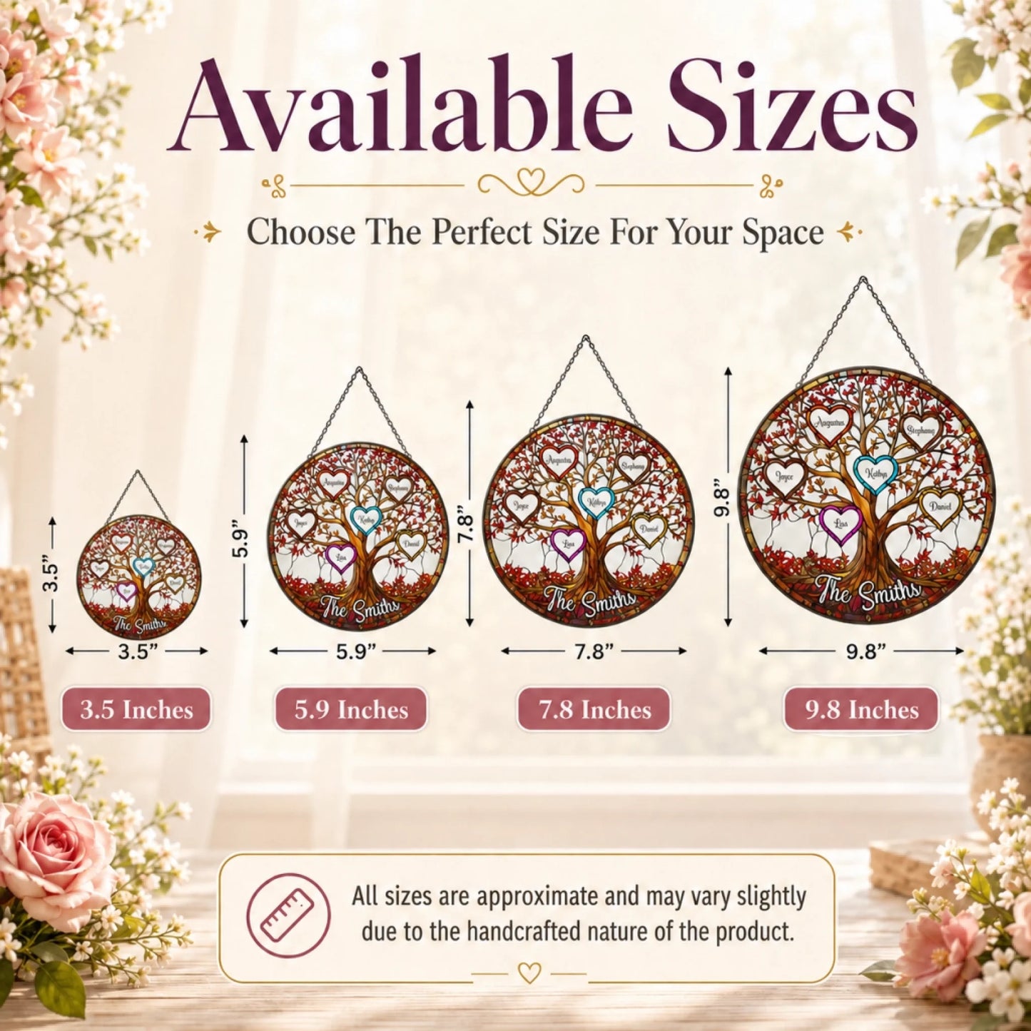 Size guide for custom glass family tree suncatchers showing various diameter options for home window displays.