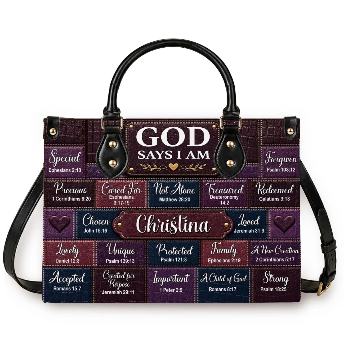 A custom pu leather handbag featuring God Says I Am scripture verses and the personalized name Christina in an elegant font.