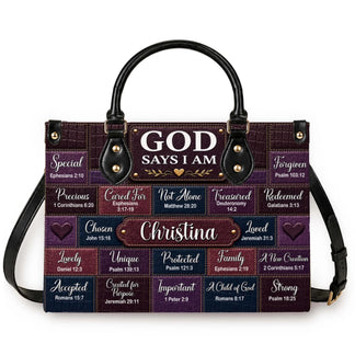 A custom pu leather handbag featuring God Says I Am scripture verses and the personalized name Christina in an elegant font.