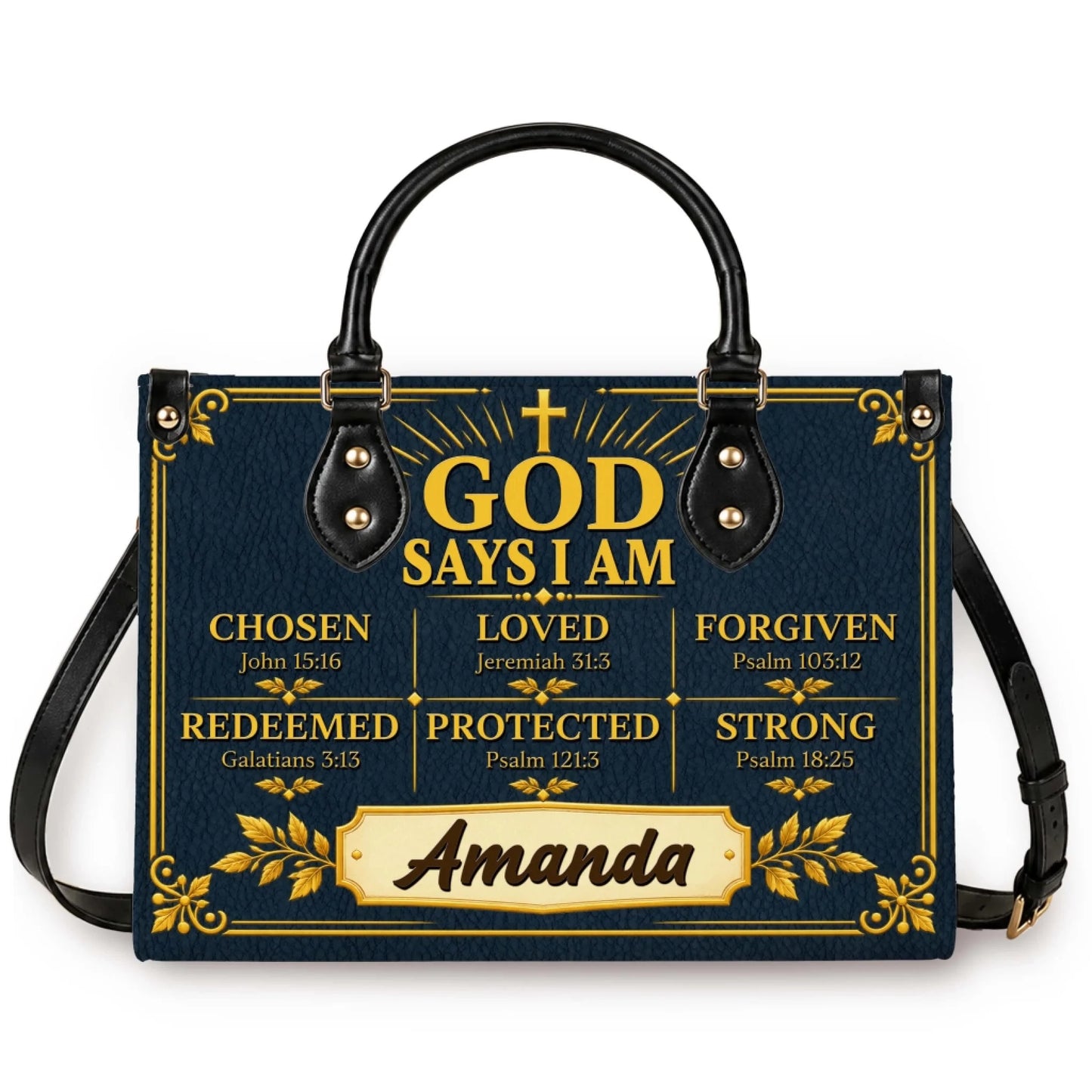 A navy blue PU leather handbag featuring a personalized God Says I Am design with Bible verses and the name Amanda.