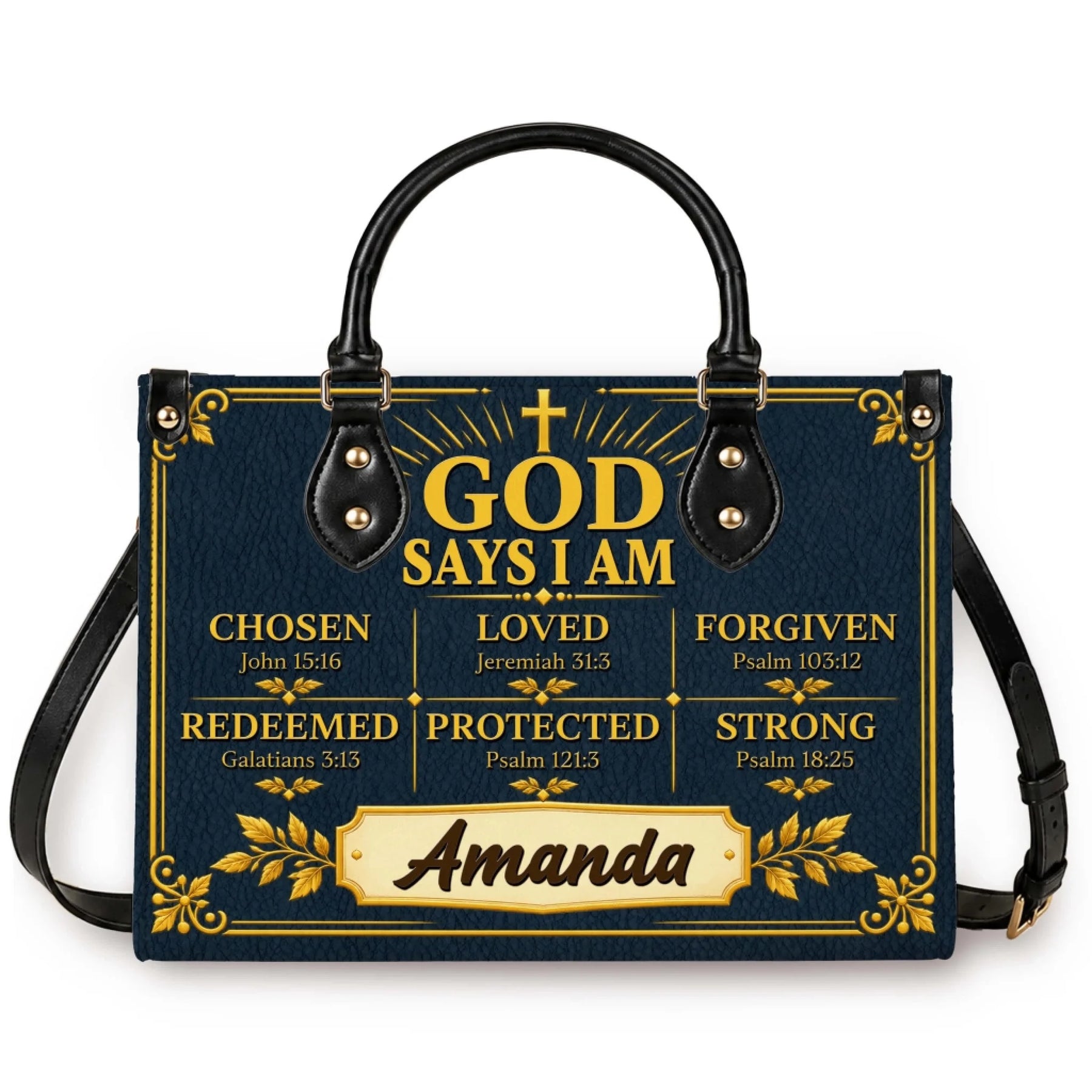 A navy blue PU leather handbag featuring a personalized God Says I Am design with Bible verses and the name Amanda.