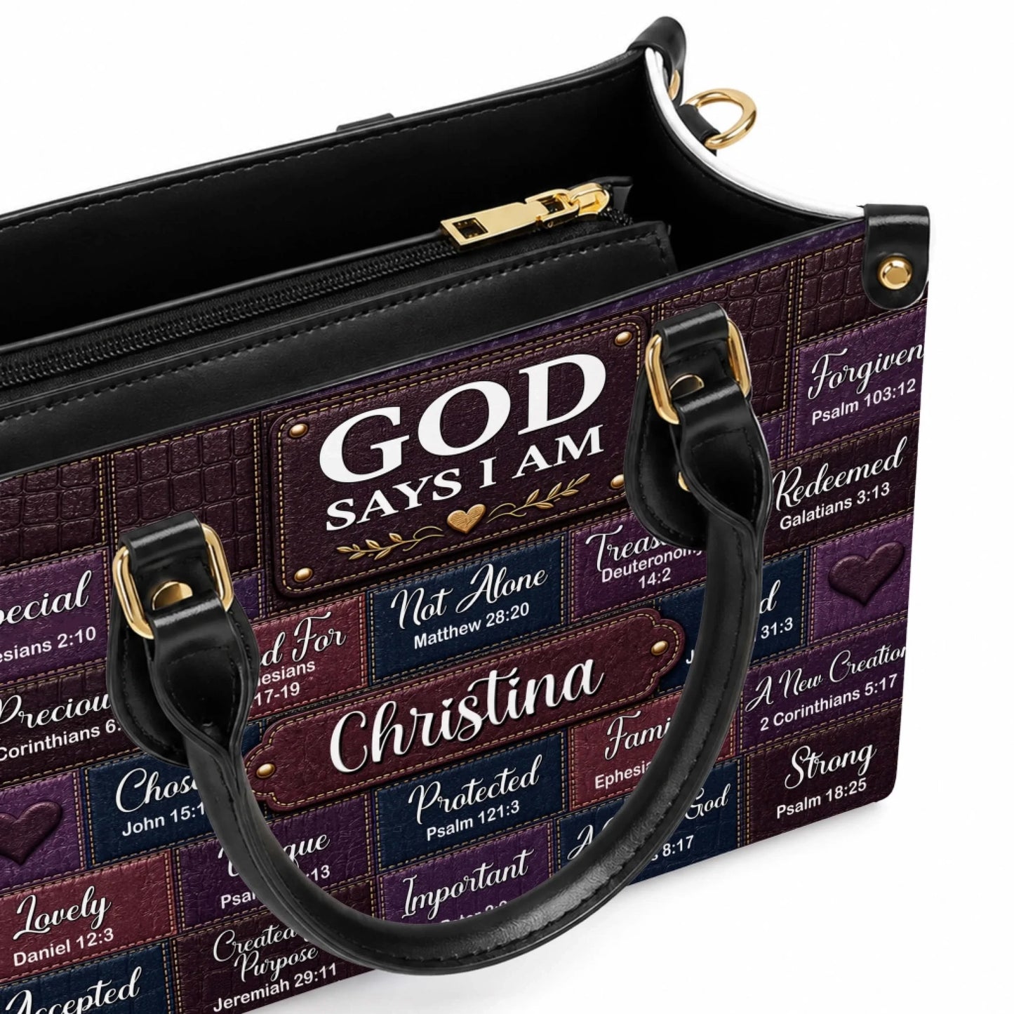 Personalized leather handbag featuring God Says I Am faith quote and scripture verses, custom gift for Christian women.