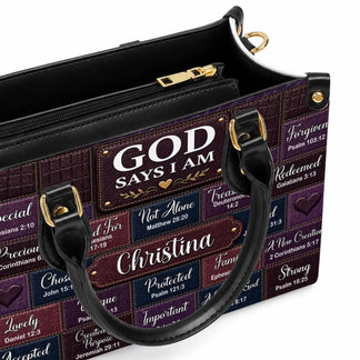 Personalized leather handbag featuring God Says I Am faith quote and scripture verses, custom gift for Christian women.