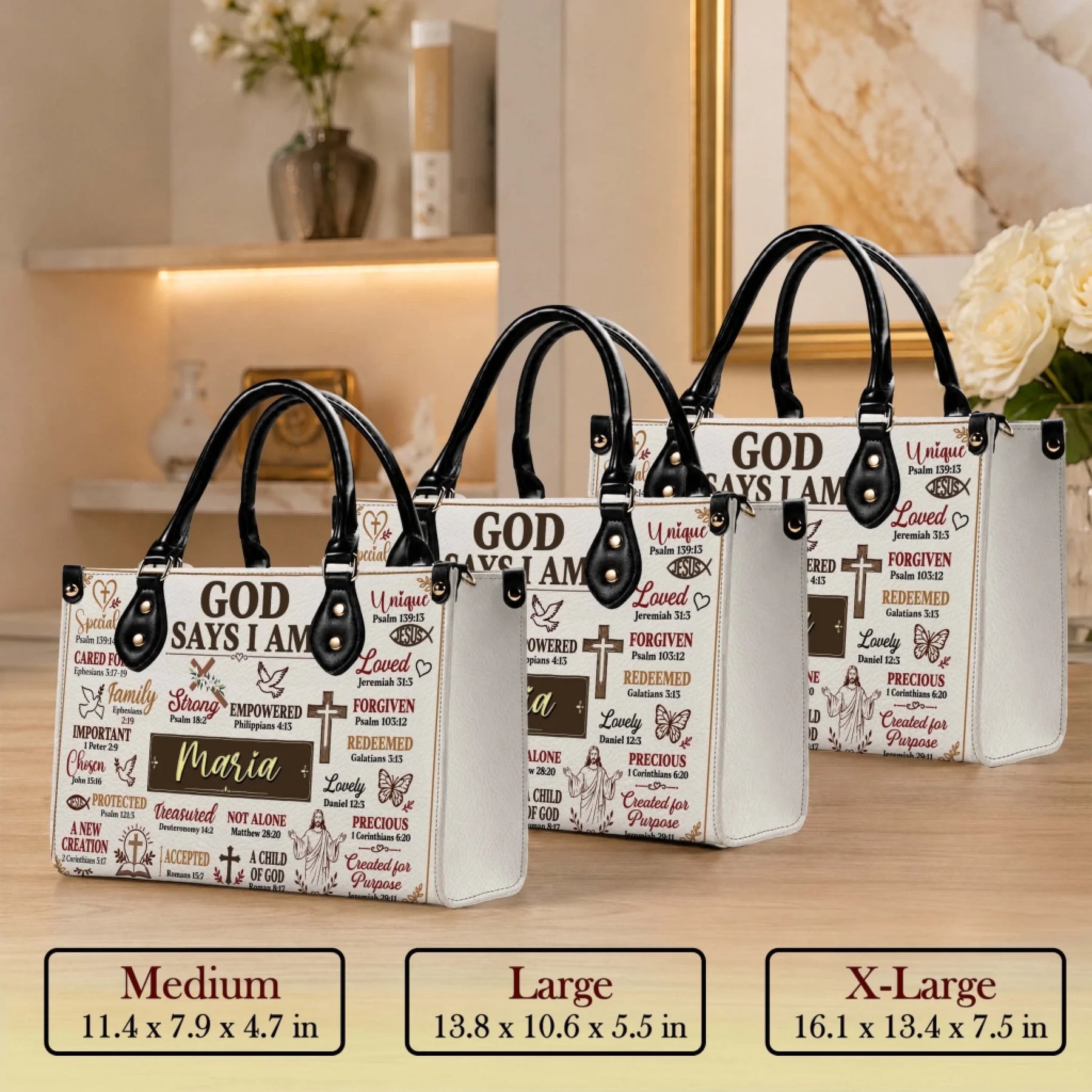 Personalized Christian tote bag featuring religious quotes and the custom name Maria, perfect for faith-based gifting.