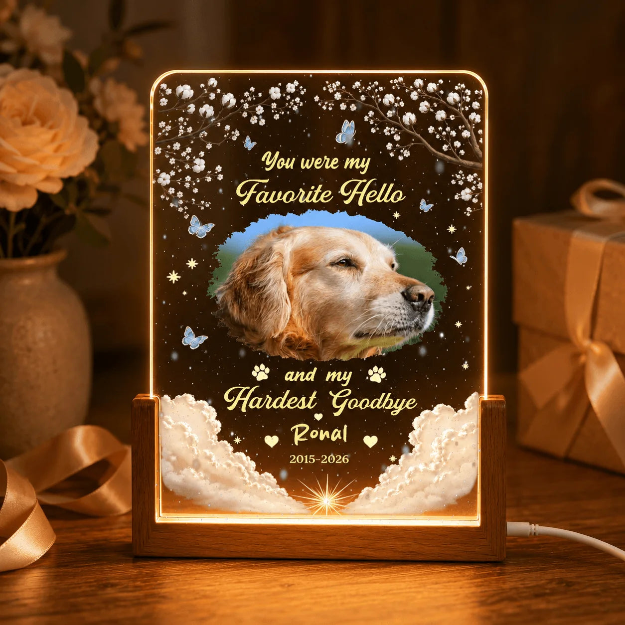 Custom pet memorial LED night light featuring a golden retriever photo, butterfly design, and tribute quote for loss.