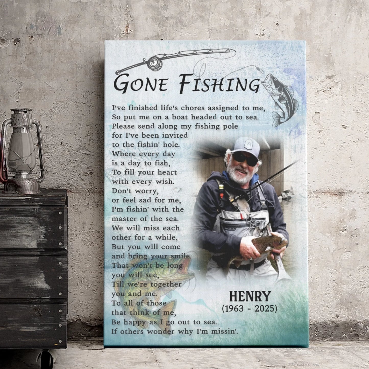 Gone fishing personalized memorial canvas with custom photo name and dates as a thoughtful bereavement gift for him