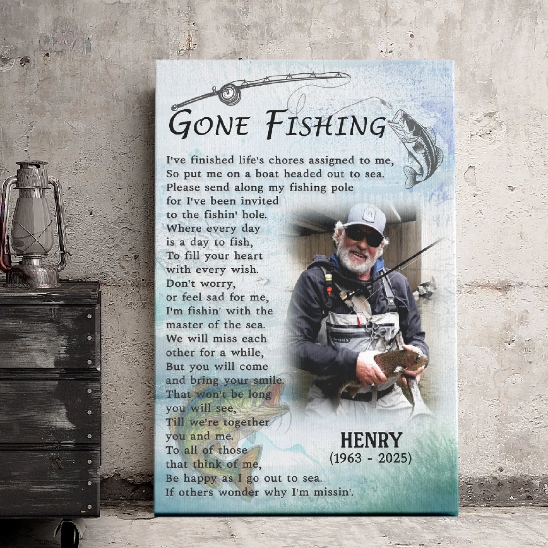 Gone fishing personalized memorial canvas with custom photo name and dates as a thoughtful bereavement gift for him