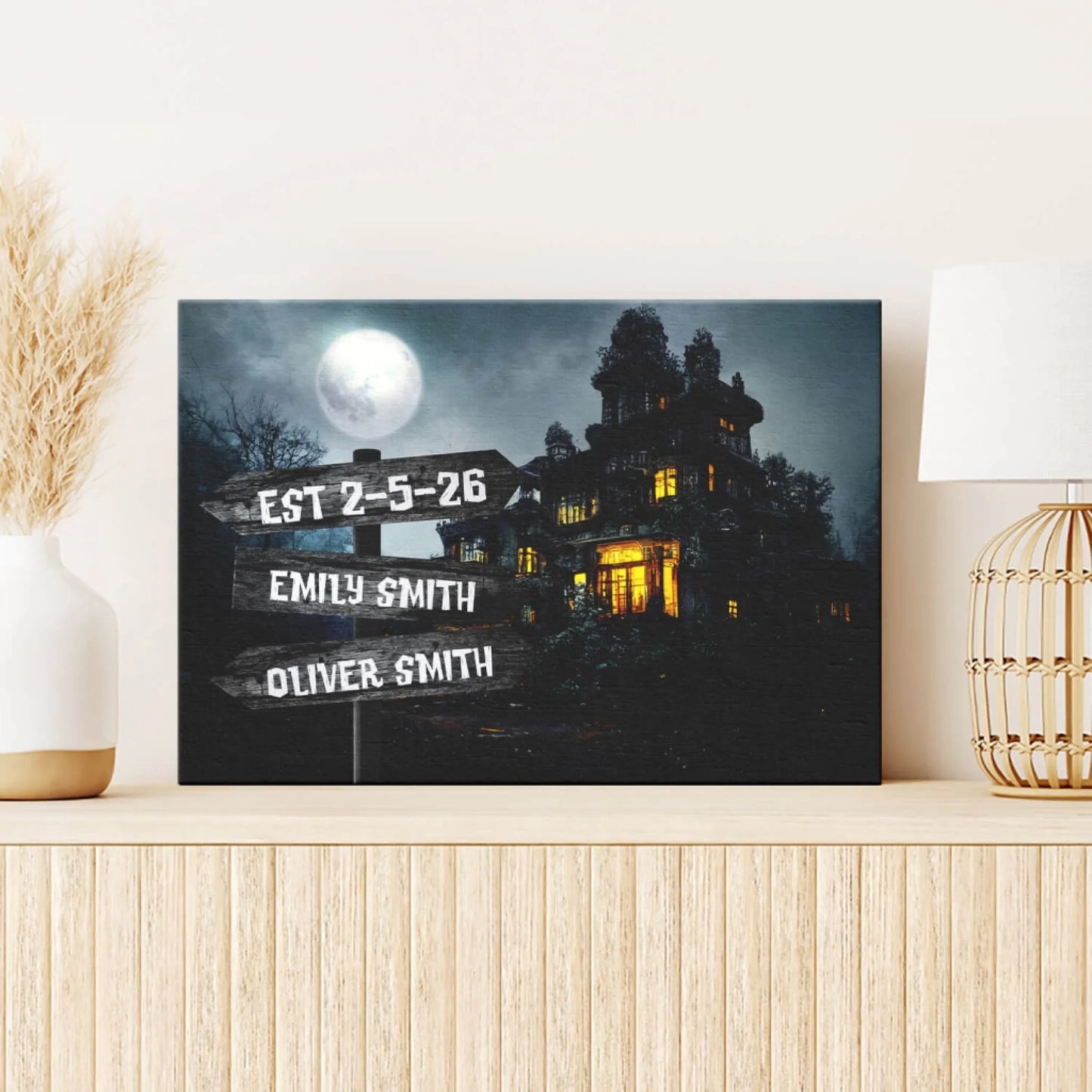 Personalized gothic haunted house canvas art with custom family names, a unique Halloween decor gift for your home.