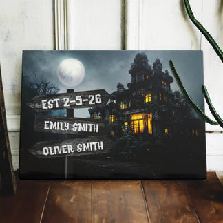 Spooky gothic house canvas art with custom names Emily Smith and Oliver Smith for Halloween home decor and gifts.