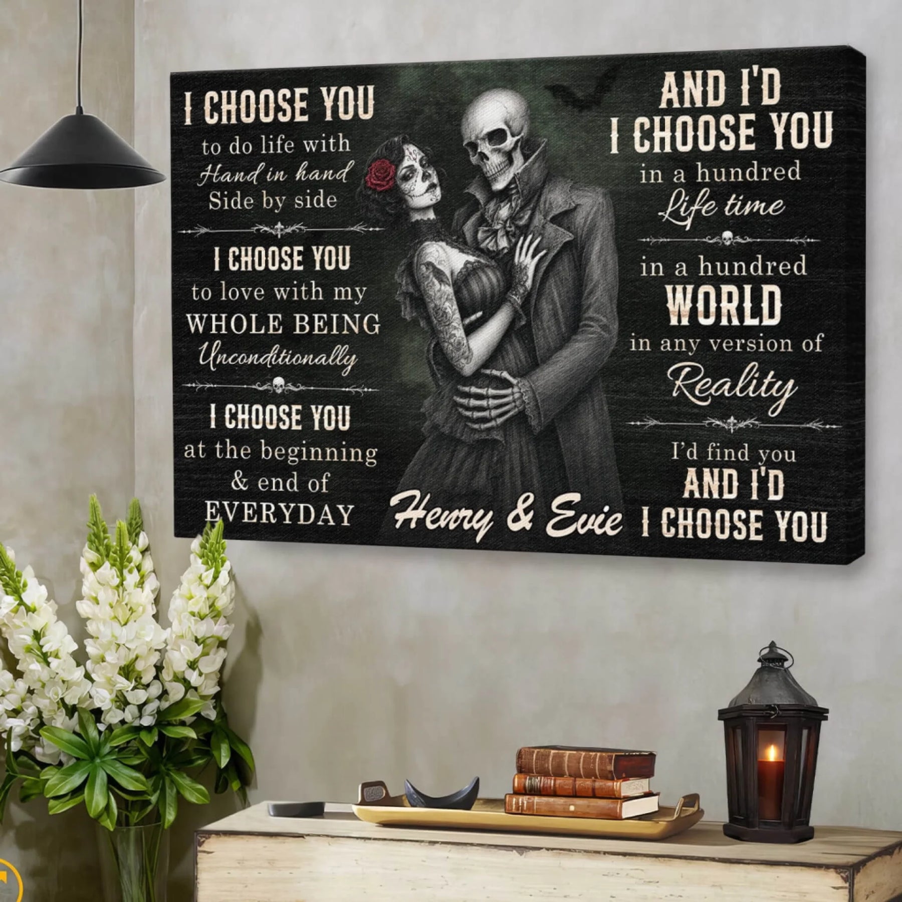 Personalized skeleton couple canvas wall art with romantic quote and custom names perfect for wedding or anniversary gifts.