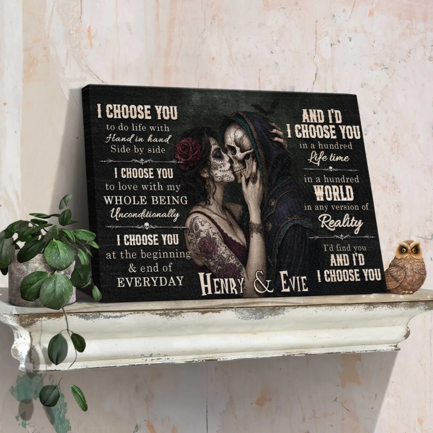 Custom gothic canvas wall art with sugar skull couple and romantic text for unique home decor or romantic gifts.