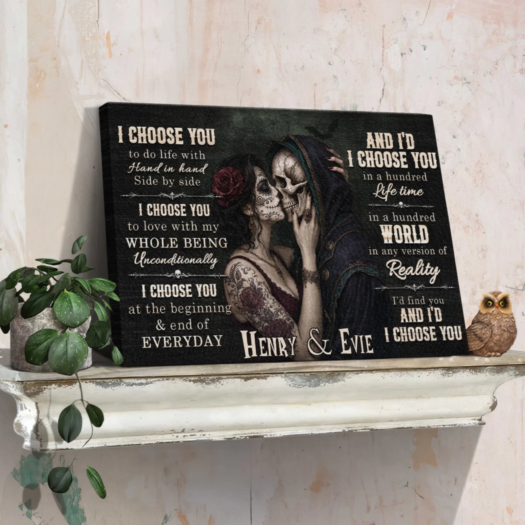 Custom gothic canvas wall art with sugar skull couple and romantic text for unique home decor or romantic gifts.