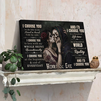Custom gothic canvas wall art with sugar skull couple and romantic text for unique home decor or romantic gifts.