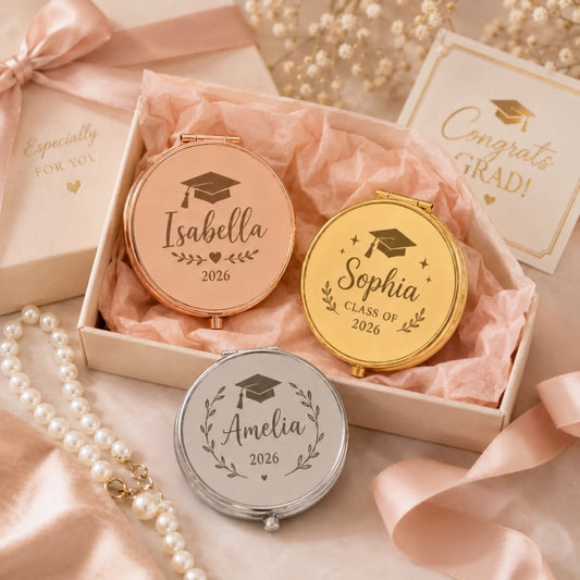 Set of gold rose gold and silver personalized compact mirrors with custom graduation names and year for class of 2026.