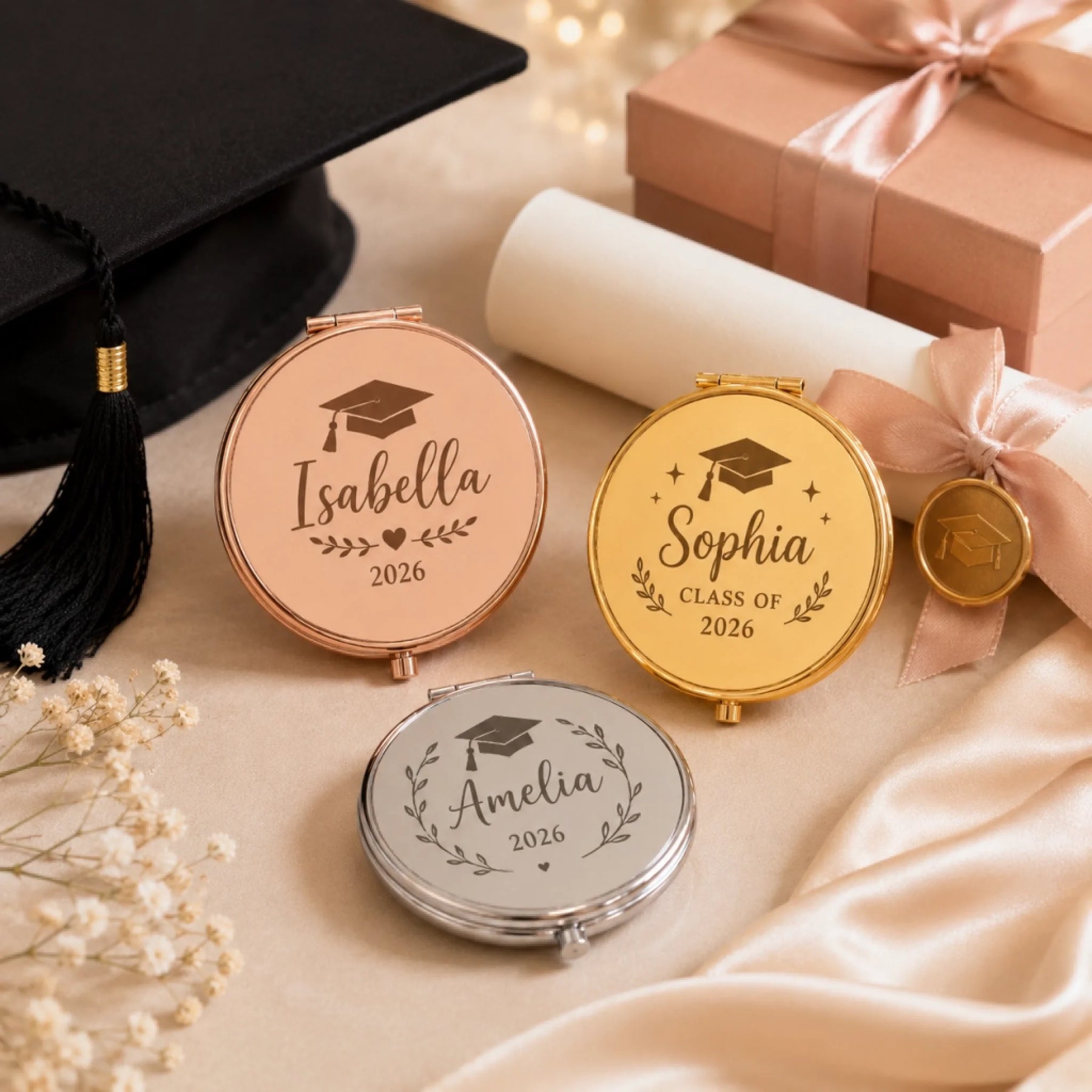 Custom engraved graduation compact mirrors with names and 2026 date displayed beside a black graduation cap.