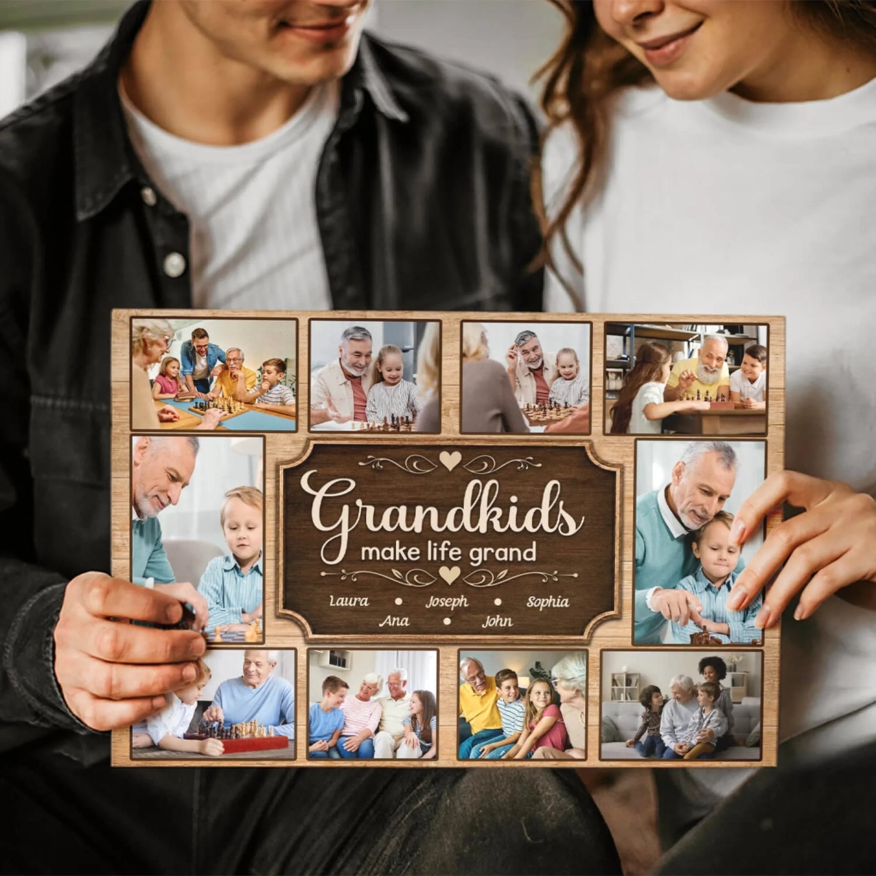 Personalized wooden plaque gift with custom photo collage and grandkids make life grand quote for grandma and grandpa.