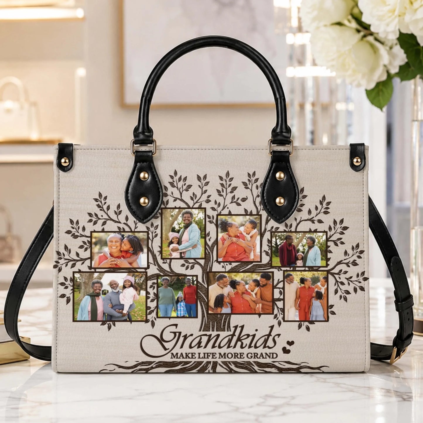 Custom photo family tree handbag with Grandkids Make Life More Grand text, a perfect personalized gift for grandma.