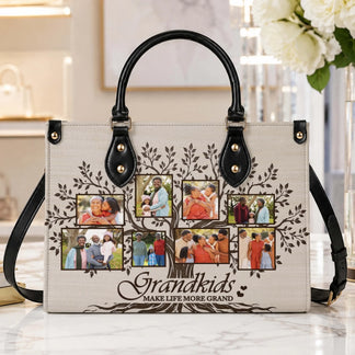 Custom photo family tree handbag with Grandkids Make Life More Grand text, a perfect personalized gift for grandma.