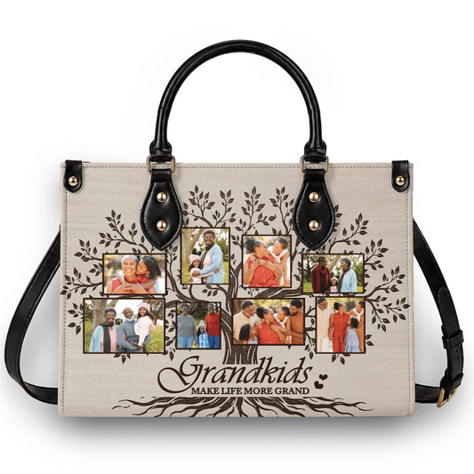 Custom family tree handbag featuring multiple photo slots and Grandkids Make Life More Grand text for grandmothers.